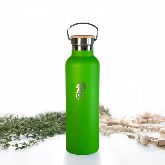 A green stainless steel insulated water bottle with a bamboo lid, handle at top for carrying, and logo printed on the front.